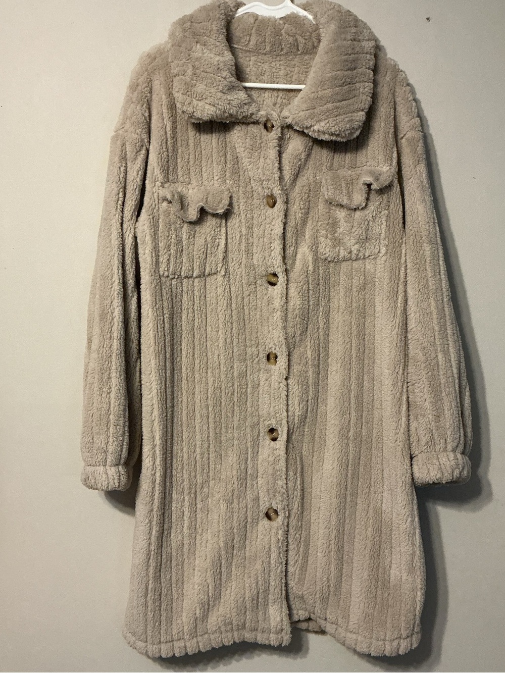 Beige Plush Long Button-Front Coat